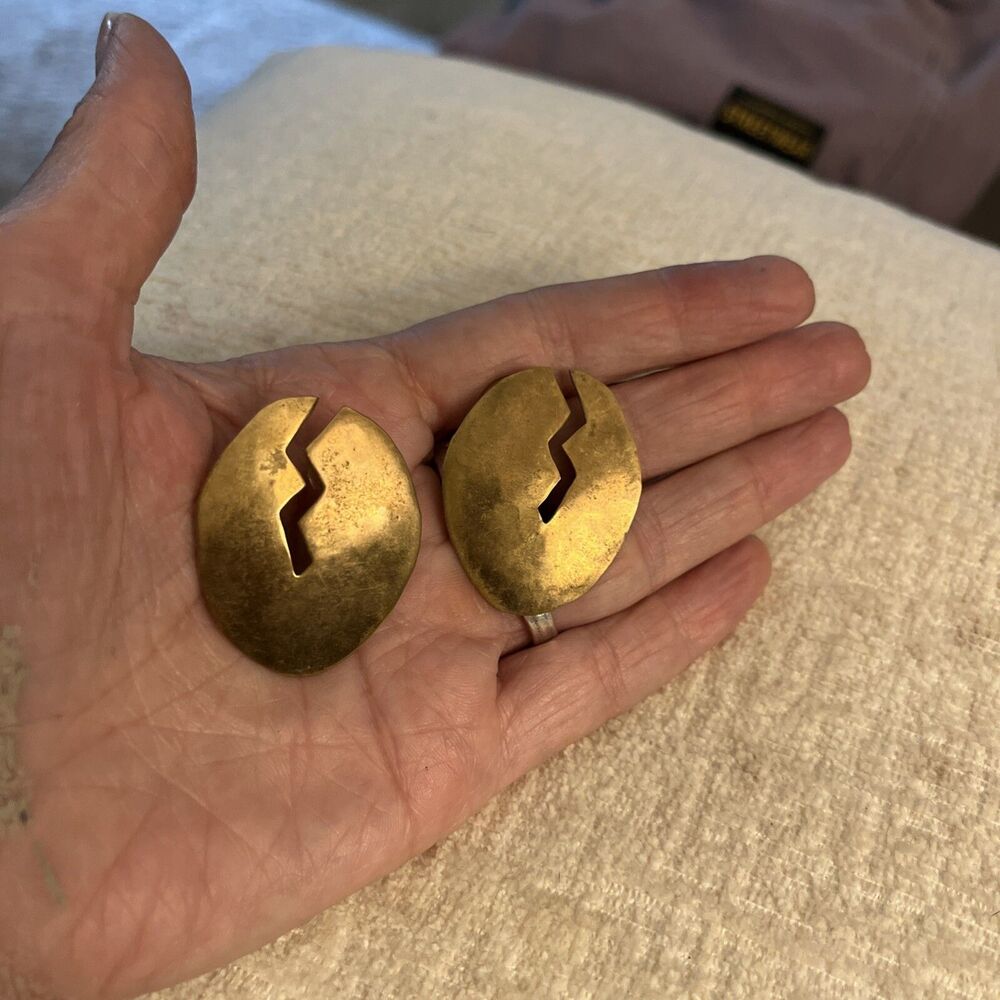 AH Anne Hellman Large Abstract Brass Artisan Brutalist Earrings Pierced Signed